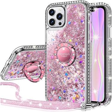 Imagem de Silverback Capa para iPhone 12 Pro Max, capa protetora com glitter holográfico líquido móvel com suporte, capa protetora com anel de diamante brilhante para Apple iPhone 12 Pro Max 6,7 polegadas, rosa