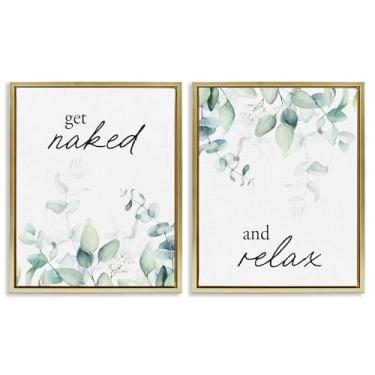 Imagem de Stupell Industries Get Naked & Relax Herbs Conjunto de tela flutuante com moldura dourada de 2 peças, design por Lettered and Lined, 78 x 63 cm