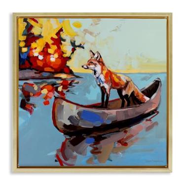 Imagem de Stupell Industries Arte de parede em tela flutuante dourada Fox's Voyage on Canoe, design por Adam Swanson, 63 x 63 cm