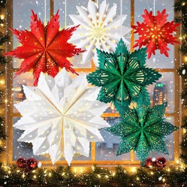 Imagem de Baquler Pacote com 6 lanternas de papel de floco de neve de Natal com 8 luzes de Natal, lâmpada de papel estrela, decoração suspensa para neve, férias, ano novo, aniversário