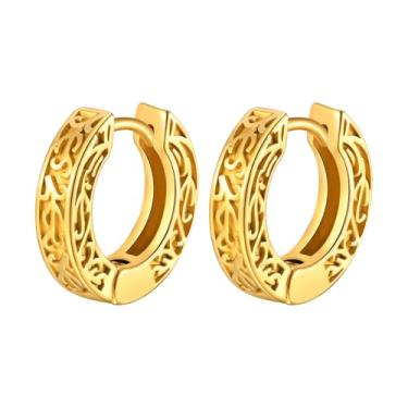 Imagem de Rockyu Brincos masculinos de argola com padrão de flor de aço inoxidável, estilo antigo, design esculpido, simples, leve, hipoalergênico, uso diário, presente, ミディアム, Aço inoxidável, Sem pedra