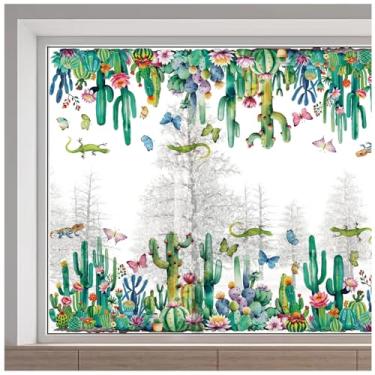 Imagem de GORGECRAFT Adesivo de janela de cacto grande de 38 x 128 cm, botânico, plantas verdes, tropicais, borboleta, anticolisão, não adesivo, reutilizável, adesivo para janela de vidro, para porta deslizante