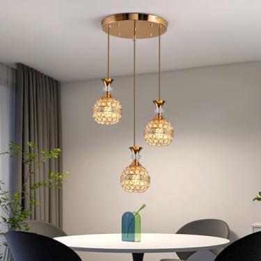 Imagem de Lustre de Cristal LED Medieval Dourado com Altura Ajustável | Luminária Pendente para Sala de Jantar, Ilha de Cozinha, Corredor, Quarto, Escadaria e Varanda (3 Luzes)
