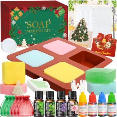 Imagem de ZQBQC Kit de fabricação de sabão de Natal, kit de fabricação de sabão para adultos, crianças - base de derretimento e derramamento de glicerina, moldes, corantes, fragrâncias, artesanato DIY para