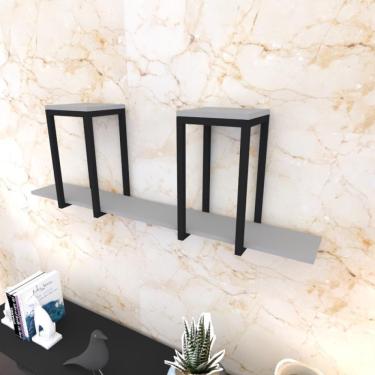 Imagem de Prateleira Industrial Suspensa Estante Parede Nicho Cinza Ferro E Madeira Suporte Pratileira