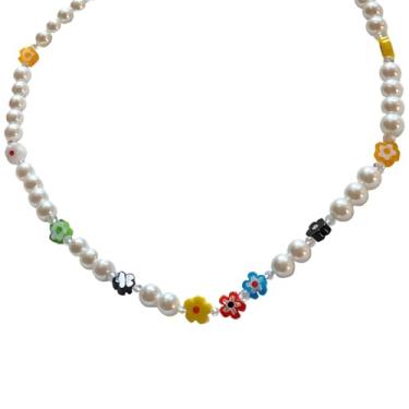 Imagem de Colar elegante de pérolas de dopamina, colar de pérolas artificiais ajustáveis para mulheres, corrente de liga e acrílico com design de flor colorida