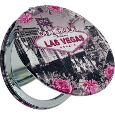 Imagem de Espelho compacto Lembrança de Las Vegas, design rosa rosa, espelho duplo, caixa de metal redonda, tema do horizonte da Las Vegas Strip