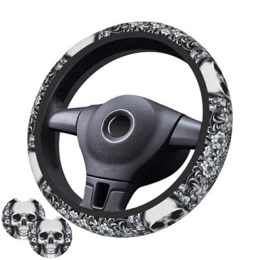 Imagem de Capa de volante de caveira branca gótica com 2 porta-copos de carro antiderrapante de neoprene para mulheres e homens, conjunto universal de 38 cm, elegante e prático