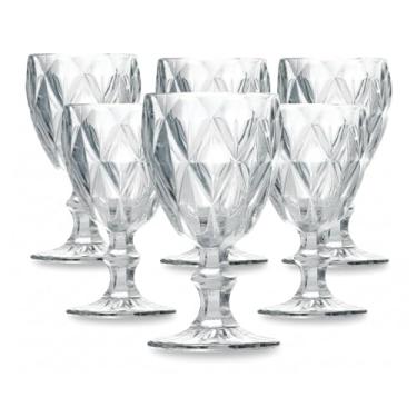 Imagem de Conjunto 6 Taças Diamond em vidro Transparente 315 ml – Design Lapidado Tipo Cristal com Elegância e Resistência para Vinho, Água, Sucos e Coquetéis