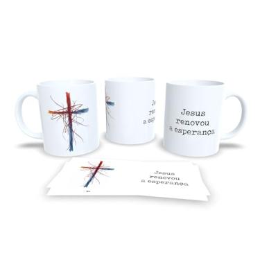 Imagem de Caneca Religiosa com Terço, Com o Terço Renovo Minha Devoção, Porcelana Branca, Design Artístico em Tons Pastéis (13745)