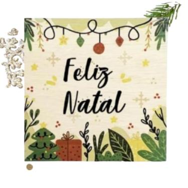 Imagem de Quadrinho Natalino Feliz Natal em Compensado 19x19x1cm Decoração de Parede com Impressão UV em Madeira Natural