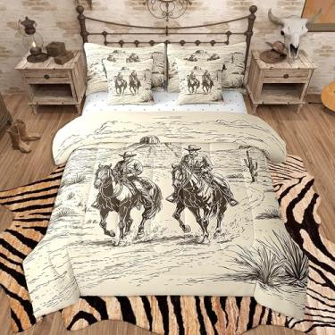 Imagem de Feelyou Conjunto de cama de caubói com 7 peças, solteiro, infantil, faroeste, selvagem, para meninos e meninas, deserto do oeste, americano, lençol desenhado à mão em uma bolsa, macio, respirável e
