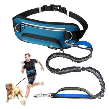 Imagem de Coleira para cães mãos livres com bolsa, correia de corrida de cintura ajustável com suporte para garrafa de água, alças acolchoadas duplas e elástico retrátil para caminhada, corrida, treinamento
