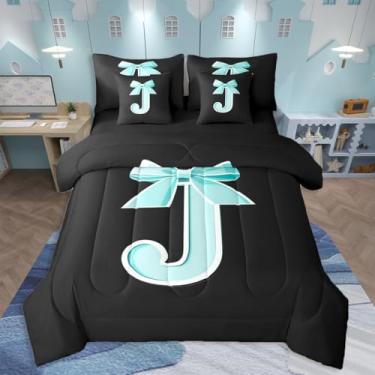 Imagem de jejeloiu Conjunto de edredom com laço azul Kawaii, 7 peças, solteiro, para mulheres e adolescentes, conjunto de cama com letra J, arte moderna, monograma, personalizado, letra J, macio, leve
