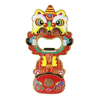 Imagem de Ímã de geladeira e abridor de garrafa de dança do leão – Símbolo da sorte chinês, presente de ano novo chinês, lembrança decorativa de metal para cozinha, bar, casa, escritório (vermelho + amarelo)