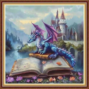 Imagem de DMCVIVR Kits de ponto cruz estampado para adultos iniciantes kits de bordado 11CT kits de ponto cruz padrões de bordado - asa dragão castelo livro flor rua 45,7 x 45,7 cm