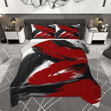 Imagem de Feelyou Conjunto de edredom Queen preto e vermelho, arte abstrata, moderno, para crianças, meninos, meninas, geométrico, decoração de quarto, microfibra, 3 peças com 2 fronhas