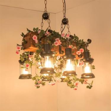 Imagem de Lustre Americano Pastoral LED Industrial Retrô Criativo para Restaurante, Bar, Cafeteria, Loja de Chá com Leite, Loja de Roupas, Decoração com Plantas Verdes - Luminária Pendente (ZB 6 Lâmpa