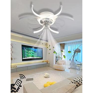 Imagem de Luminária de teto LED moderna e multifuncional com ventilador, dimerizável, ideal para quarto, sala de estar e iluminação interna. Possui controle remoto para ajuste da intensidade da luz e