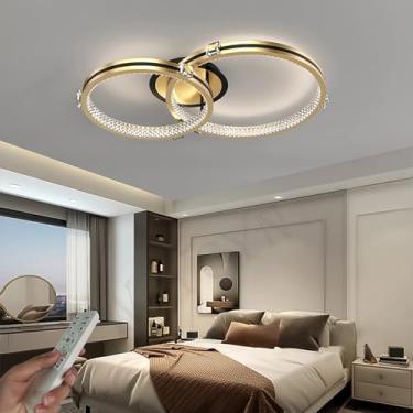 Imagem de Luminária de teto LED dimerizável com anel dourado e controle remoto, ideal para sala de estar, quarto ou escritório (Dourada, 2 chamas, 58 cm de comprimento).