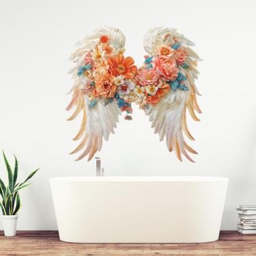 Imagem de PLIGREAT 2 folhas de adesivos de parede com asas de anjo brancas grandes flores e asas adesivos florais removíveis para berçário, quarto, sala de estar, casa, decoração de arte DIY