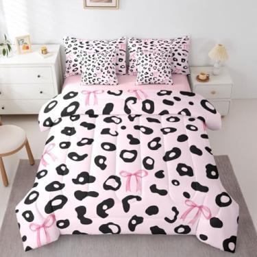 Imagem de Feelyou Conjunto de edredom com estampa de leopardo, 7 peças, Queen, com laço rosa, para crianças, meninos, meninas, pele de guepardo, decoração de quarto de microfibra macia