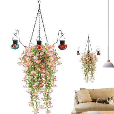 Imagem de Cestas de flores falsas | Flores falsas realistas com alimentador de pássaros | Plantas artificiais para porta de primavera, pátio, parede, gazebo e outono