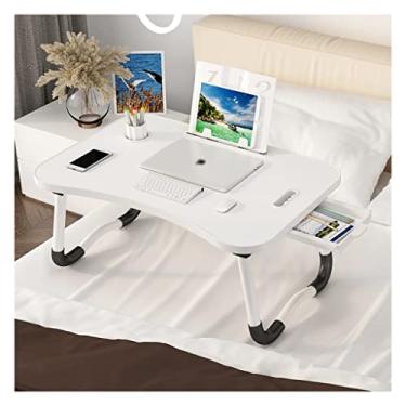 Imagem de Mesa de cama moderna para laptop, compartimento para cartão/prateleira de livros/alça/gaveta/suporte de copos/bandeja de cama dobrável para perna, mesa de estudo para quarto dormitório (branco 59,9 cm