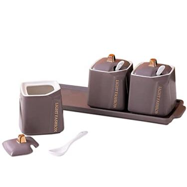 Imagem de Açucareiro estilo europeu com tampa e colher, 3 conjuntos de pote de açúcar, pote de tempero, pote de tempero, pote de sal, potes de açúcar de café de cerâmica colorida-cinza-3 conjuntos de frascos de