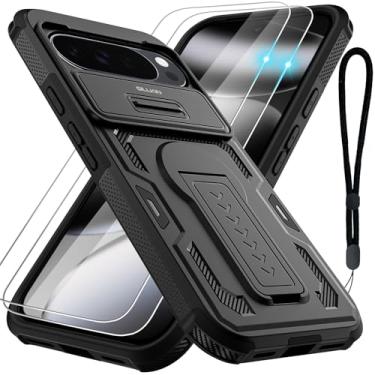 Imagem de GILLKIN Capa para Google Pixel 10 Pro XL com 2 protetores de tela, capa de câmera deslizante, suporte e alça de cordão, capa protetora resistente à prova de choque de 2 camadas de grau militar, preta