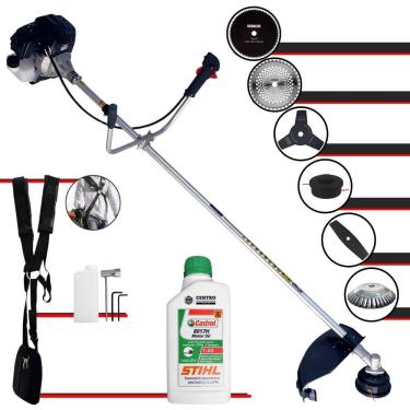 Imagem de Roçadeira Toyama RT43LB25A À Gasolina 43cc 1,7HP 6 Em 1 Com Carretel de Nylon + Faca 2 Pontas, 3 Pontas, 40 Dentes e 80 Dentes + Escova + ÓLEO STIHL