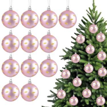 Imagem de 12 peças de enfeites de bola de Natal de 6 cm, rosa com coroa dourada, decoração de árvore de Natal, coroa de princesa, de plástico, inquebrável, enfeites para pendurar em casa, decoração de festas de