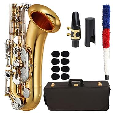 Imagem de Saxofone profissional saxofone tenor laca dourada bocal de chave niquelado ligadura palhetas pescoço instrumentos musicais acessórios latão sax iniciantes kit (cor: chaves niqueladas)