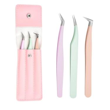 Imagem de 3 pinças de cílios para extensões, ponta de fibra de alta precisão, pinça de extensão de cílios para cílios curvados e kit de pinzas de volume para cílios, uso profissional, rosa, roxo, verde