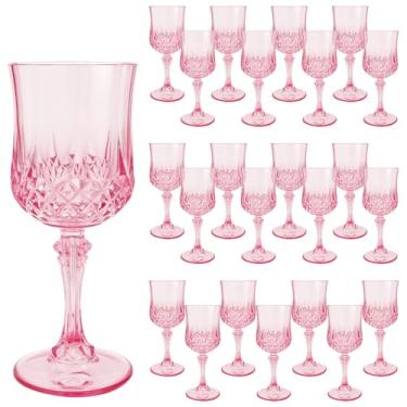 Imagem de OKYMOTOR Copos de vinho de plástico rosa, 24 peças, copos de vinho reutilizáveis, copo de taça branco, copos resistentes para celebração de casamento, festa de aniversário, degustação de vinhos