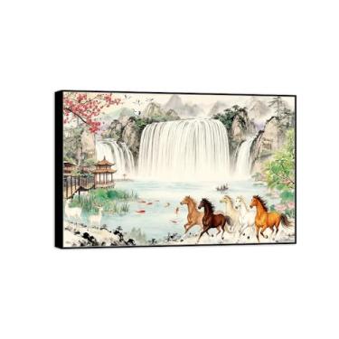 Imagem de Chinoiserie Arte de parede paisagem Imagem em tela - Cachoeira Cavalo - Pintura chinesa - Impressões de moldura preta para decoração de casa 20 x 30 cm 8 x 12 pol