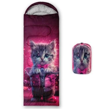 Imagem de AILONEN Saco de dormir Kawaii para crianças, meninas, 3 estações, clima quente e frio, leve, impermeável, gravata borboleta de desenho animado, saco de dormir rosa, viagem, ar livre