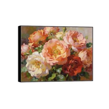 Imagem de BMZFYBS Pintura de arte de parede de flores - imagem de decoração vintage - buquê de flores 5 - impressões em tela de moldura preta para sala de estar 50 x 65 cm 20 x 26 pol