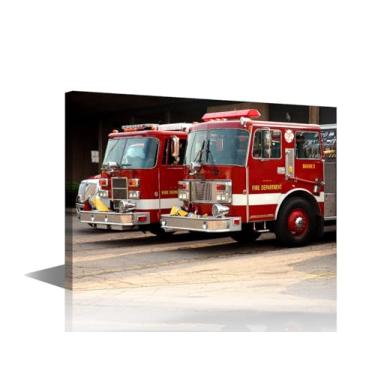 Imagem de Arte de parede em tela de bombeiros Decoração de casa de bombeiro para sala de estar decoração de parede de caminhão de bombeiros preto e branco 1 peça para sala de estar arte moderna esticada e