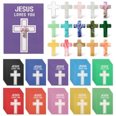 Imagem de Maasechs 120 peças de presentes religiosos cristãos a granel, 60 peças, mini cruzes de bolso, 60 folhas, cartões Jesus Loves You, pingentes de cruz para fazer joias, presentes de agradecimento, para