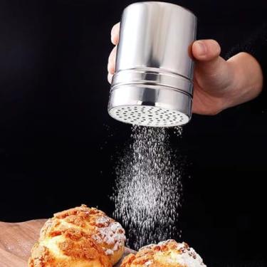 Imagem de Coqueteleira de temperos de aço inoxidável com tampa selada e furos – Dispensador de pó para açúcar, sal e assar, recipiente de especiarias sem alça, pequeno