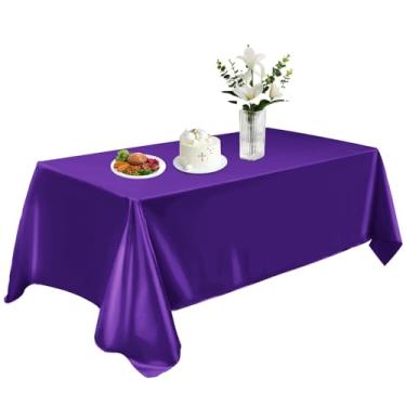 Imagem de Toalha de mesa de cetim 147 x 260 cm, toalha de mesa retangular lavável, toalha de mesa de tecido liso, decoração de mesa de seda brilhante para jantar, cozinha, festa, casamento, banquete, roxa