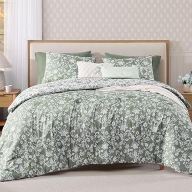 Imagem de BLOOMHAVEN Conjunto de edredom King com 7 peças, floral, cinza, verde, para todas as estações, cama em uma bolsa, edredom de flores botânicas, lençóis, fronhas e fronhas