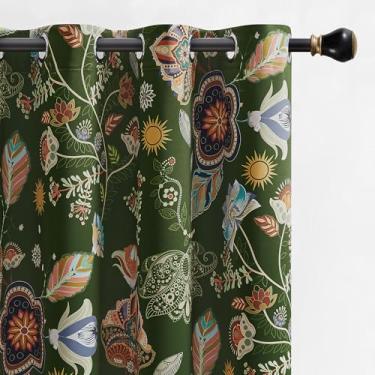 Imagem de XiDi Cortinas florais verdes, cortinas blackout com padrão vintage, 2 painéis, 2 painéis para quarto, isolamento térmico, cortinas luxuosas, com estampa de folha botânica, ilhós, cortinas verde-musgo