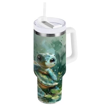 Imagem de STAYTOP Copo de tartaruga pai e filho de 850 g com tampa e canudo, copo isolado de aço inoxidável durável à prova de vazamento com alça, garrafas de água à prova de derramamento para viagens
