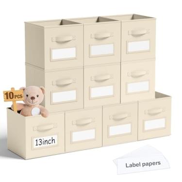 Imagem de Teenyyou 10 unidades de cubos de armazenamento de tecido com etiquetas 33 cm cestos organizadores de cubos dobráveis com cartões de janela para prateleira, roupas de berçário, livros, brinquedos