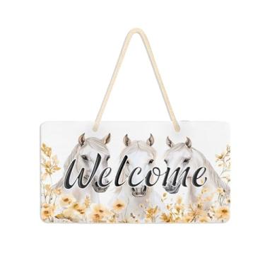 Imagem de Burbuja Placa de boas-vindas com flores de cavalos brancos para porta da frente, placa de boas-vindas de PVC para decoração de férias, 15 x 28 cm