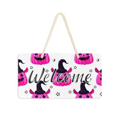 Imagem de Burbuja Linda placa de boas-vindas rosa Jack O Lanterns para porta da frente, placa de boas-vindas de PVC para pendurar na parede varanda casa de fazenda, decoração de feriados, 15 x 28 cm
