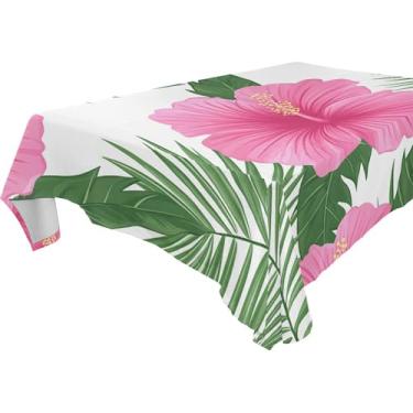 Imagem de Burbuja Toalha de mesa de flores de hibisco rosa, toalha de mesa retangular, anti-rugas, grossa para decoração de jantar, cozinha, festa, 152 x 274 cm