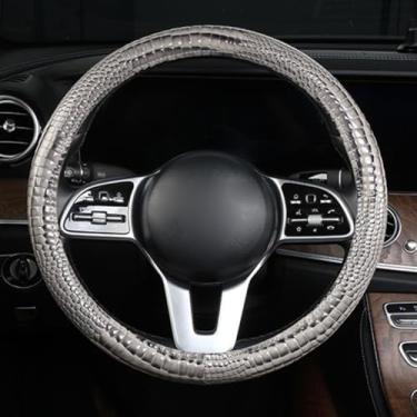 Imagem de GZE Capa de volante de couro PU padrão de crocodilo durável antiderrapante quatro estações protetor de volante universal de 38 cm (cinza)
